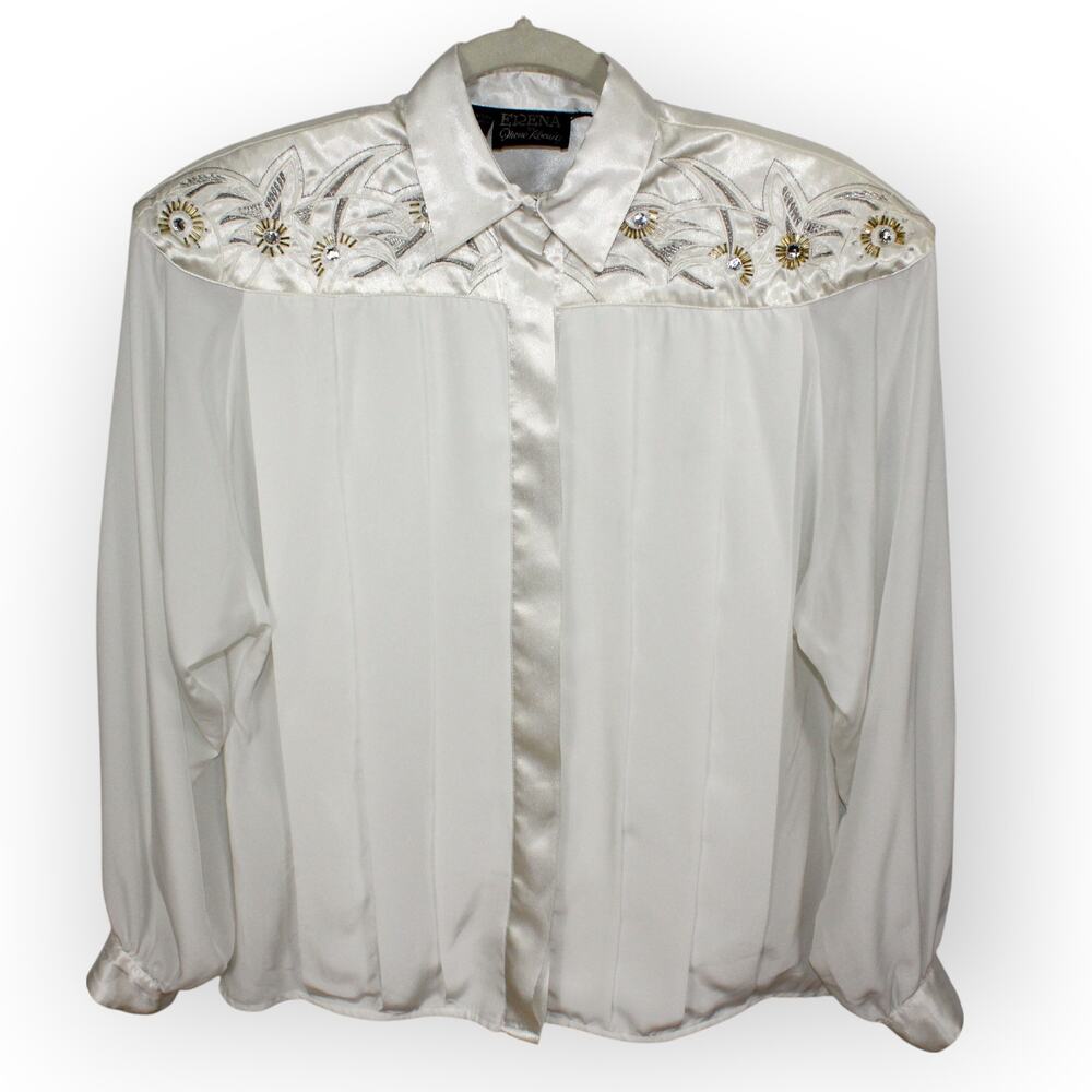 Vintage Erena by Irene Koenig Satin Blouse Ivory Embellished Yoke 80s XS/S - Picture 5 of 16